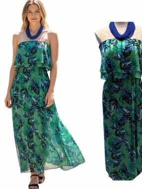 Banana Republic Strapless Floral Maxi Dress Green Blue Size 4
